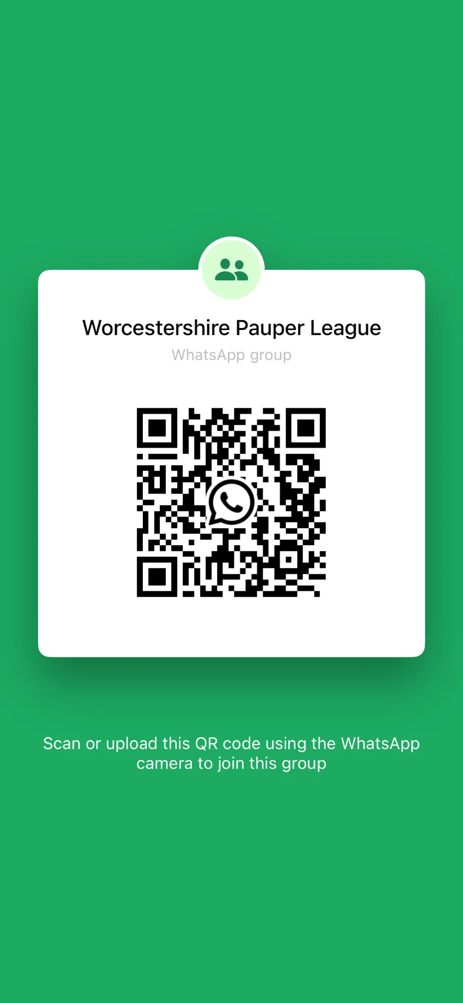 WhatsApp QR code to join the Worcestershire Pauper League group